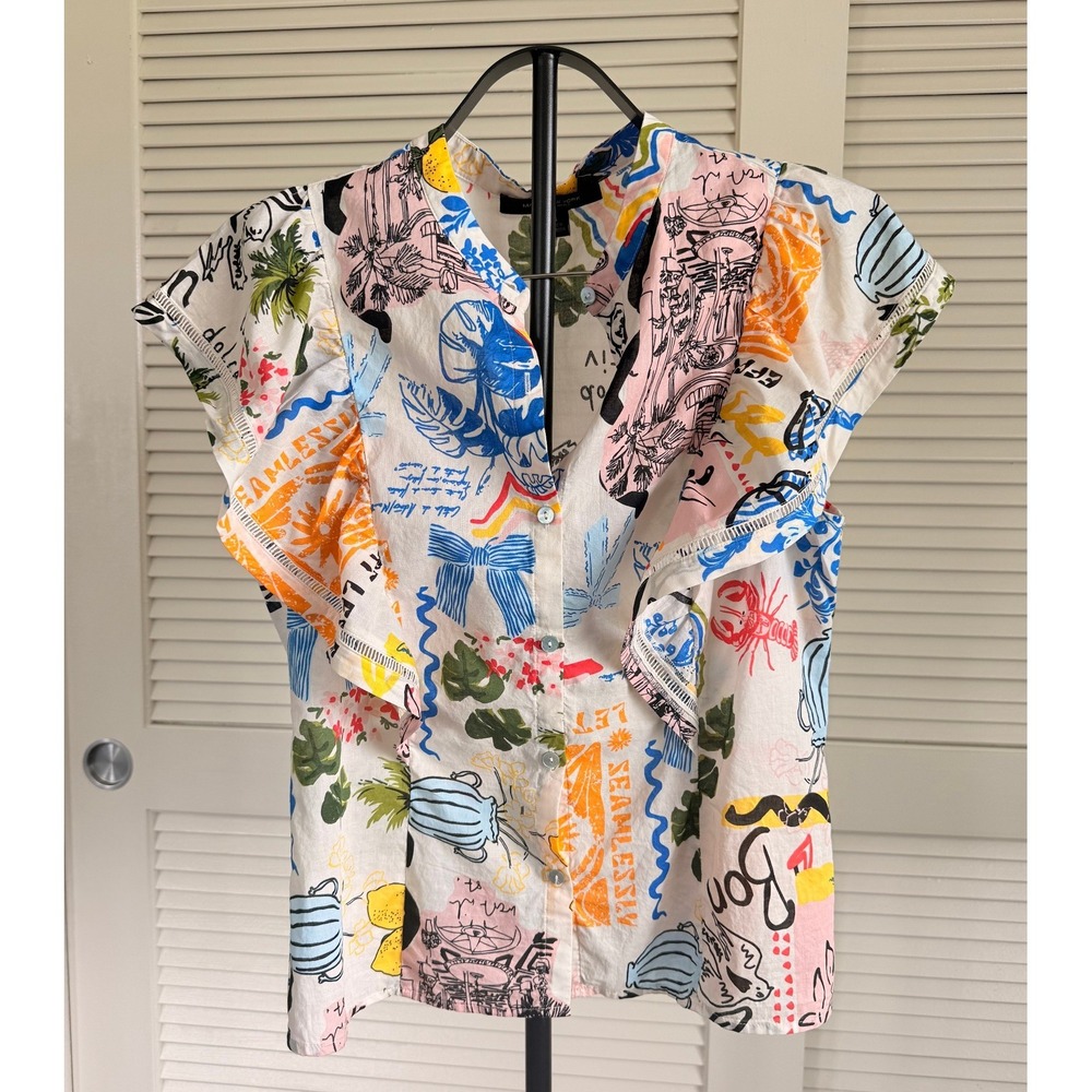 Marc New York Andrew Marc‎ Cotton Ruffle Graphic Print Button Down Top Small